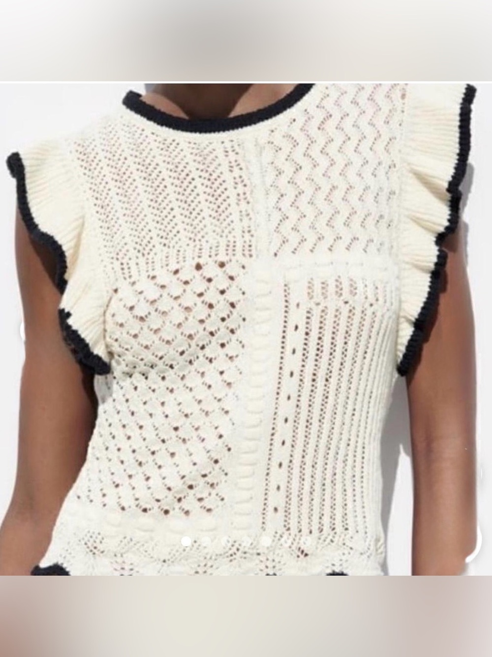 Zara Cream Openwork Knit Shell with Black Neckline